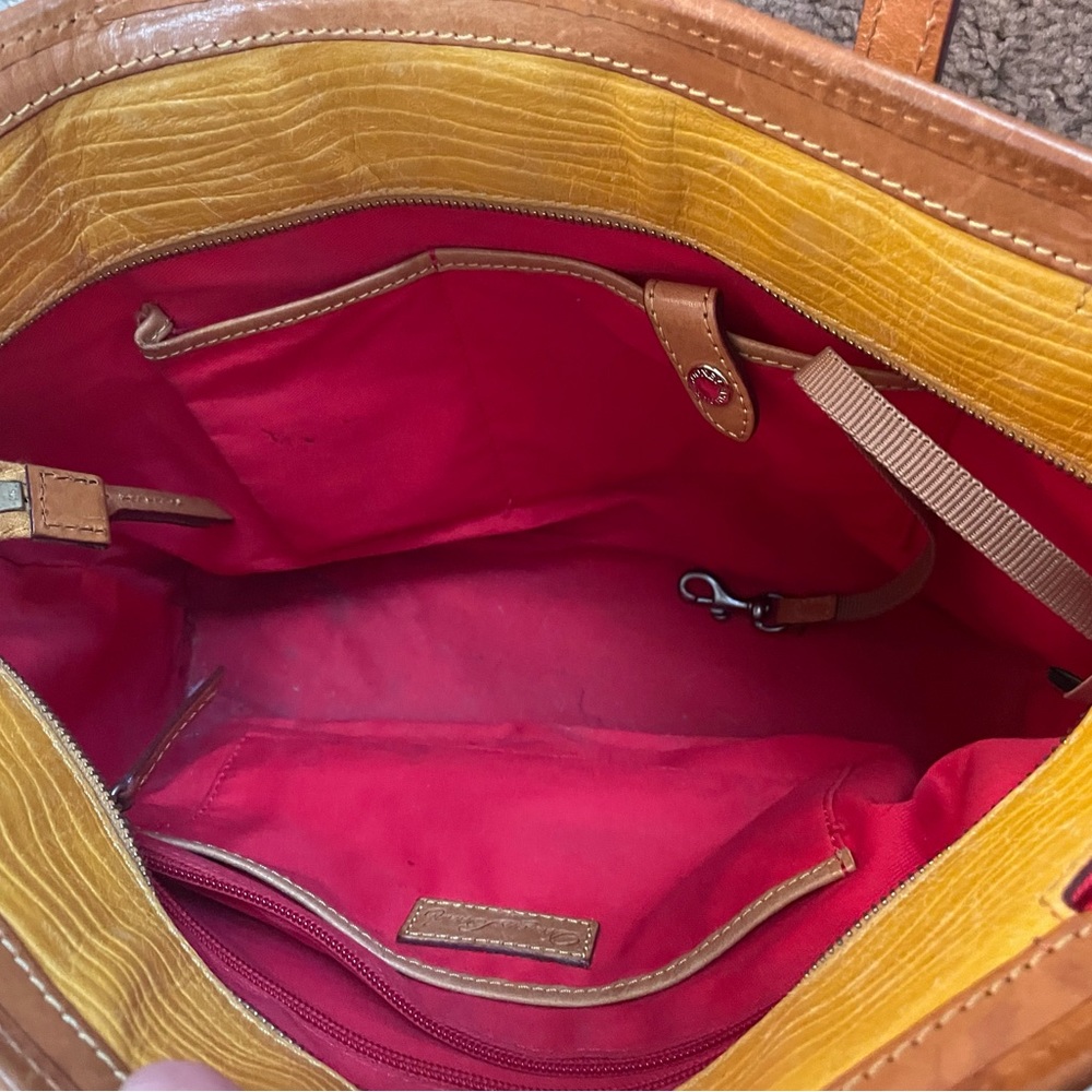 Dooney Bourke leather mustard yellow classic handbag with brown trim, red inside - Picture 6 of 6